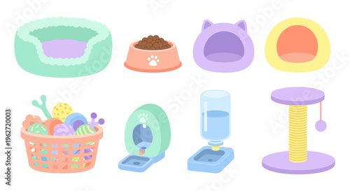 Pet supplies for cats and dogs: food, toys, bed, scratch post, feeder, house