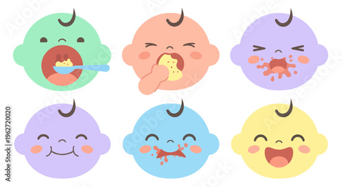Cute babies with food expressions, flat vector illustration
