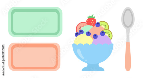 Flat Design Ice Cream Sundae with Fruits and Spoon, Food Vector
