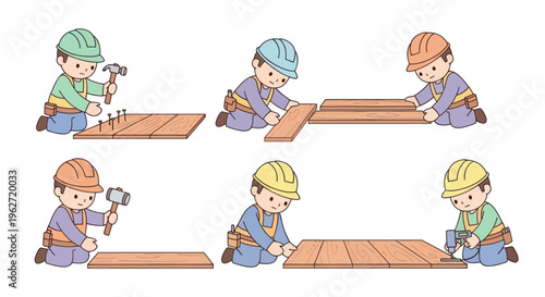 Cartoon Construction Workers Building Wooden Floor With Tools