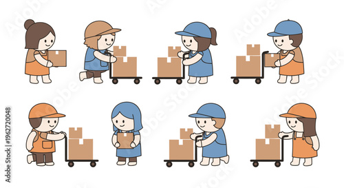 Cartoon delivery workers loading boxes onto carts, flat vector illustration