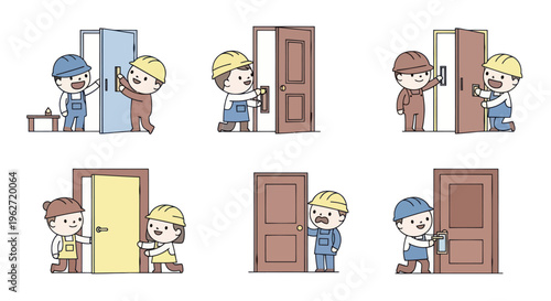 Cute Cartoon Construction Workers Installing Doors Vector Art