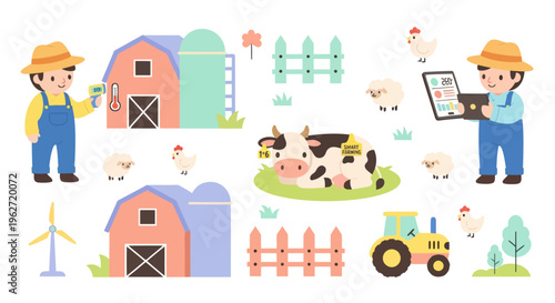 Smart Farming with Farmer, Tractor, Cow, Chicken, Sheep, Barn
