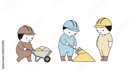 Cute Construction Workers with Wheelbarrow and Sand, Flat Style