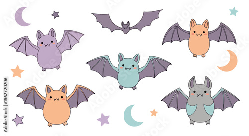 Cute Cartoon Bats Doodle Vector Illustration Set with Moons and Stars for Halloween Kids Design