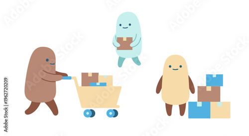 Cute Flat Cartoon Characters Moving and Stacking Boxes with Cart - Logistics Shipping Delivery