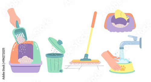 Flat Vector Pet Care  Home Cleaning Illustration. Cat Litter Box, Bowls  Pet Bed Hygiene.