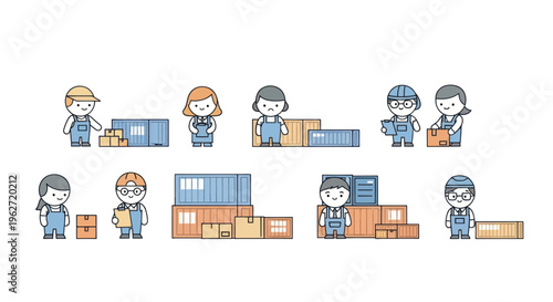 Logistics and Shipping Workers with Containers and Boxes Flat Line Art Vector Illustration
