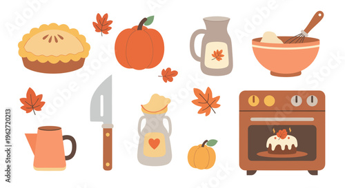 Autumn Baking Food Flat Vector Icons Set: Pumpkin Pie, Oven, Kitchen Tools  Fall Decor