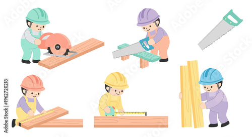 Flat Design Cartoon Construction Workers Building with Wood and Tools