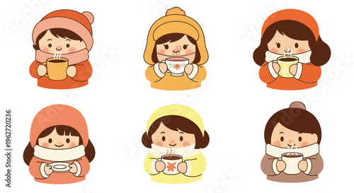 Cute Flat Cartoon Girls Drinking Hot Beverages in Winter Collection Vector Illustration