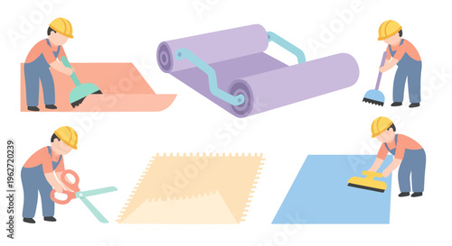 Flat Vector Illustration of Wallpapering and Floor Installation Process with Construction Workers