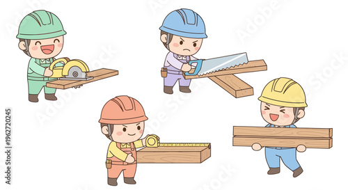 Cute Chibi Cartoon Construction Workers Sawing and Measuring Wood Illustration