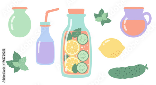 Food and Drink Flat Illustration: Refreshing Detox Infused Water, Lemon, Cucumber, Mint, and Beverages
