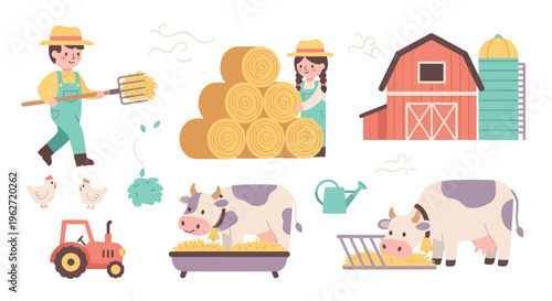 Agriculture Farm Life Flat Illustration Set with Farmers, Animals, Barn, Tractor, Hay Bales