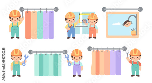 Cartoon Flat Vector Home Renovation Builders Installing Shower Curtains and Windows Set