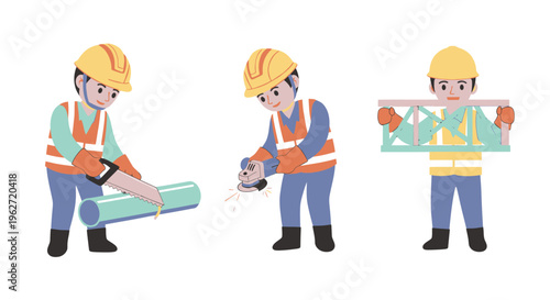 Construction Worker Cutting Pipe, Grinding Metal, Holding Frame