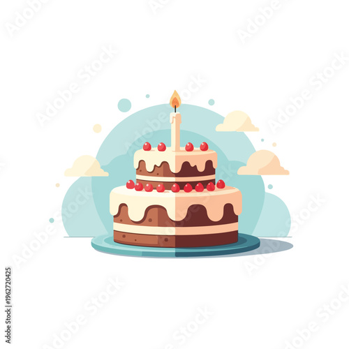 Delicious twotier birthday cake with candle and strawberries.