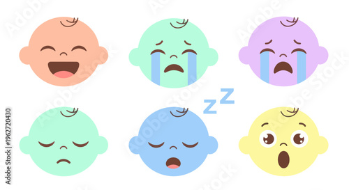 Flat Vector Baby Faces Icons with Different Emotions, Cute Expressions