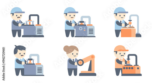 Flat style illustration of factory workers operating machinery