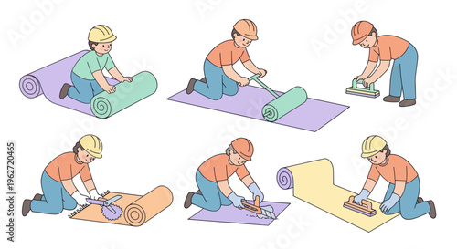 Construction workers installing flooring, vector illustration, flat style