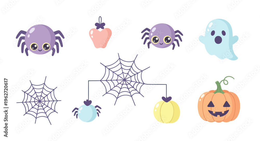 Obraz premium Cute Halloween Vector Icons: Spiders, Ghost, Pumpkin, Cobweb, Flat Style