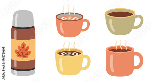 Cozy Autumn Hot Drinks: Thermos and Coffee Cups Illustration