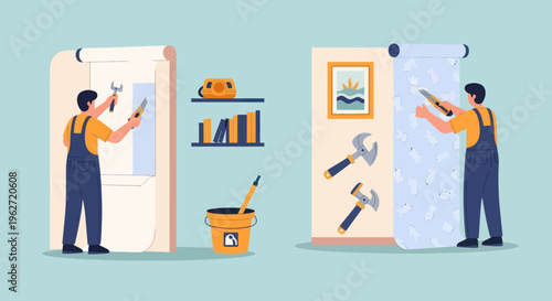 Flat illustration of handymen installing wallpaper, home renovation