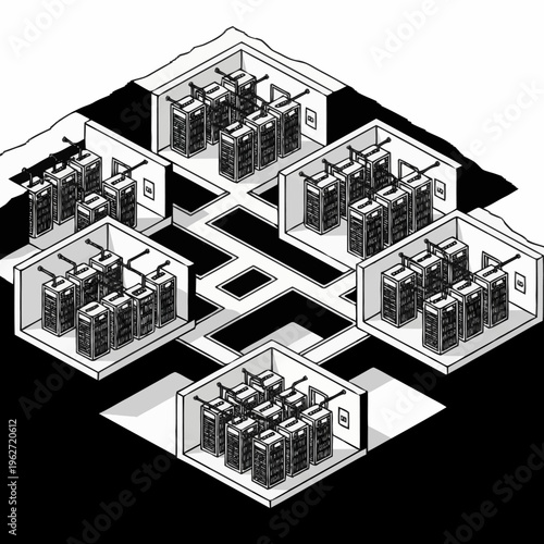 Isometric illustration of a modern data center with multiple server rooms connected by pathways.