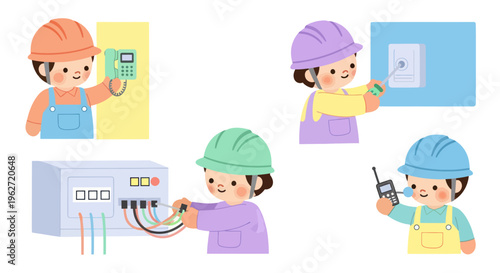 Cute Flat Illustration of Young Kids as Electrical  Communication Technicians at Work