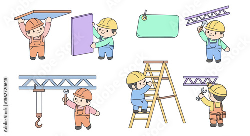Cute Construction Workers Building and Repairing with Tools - Flat Cartoon Illustration Set