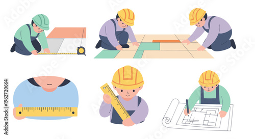 Construction Engineering Flat Vector Illustration of Workers Measuring, Tiling  Designing Blueprints
