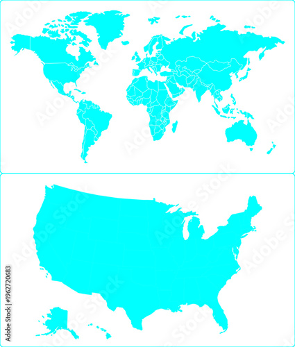 High Detail World Map and USA Map Silhouette.