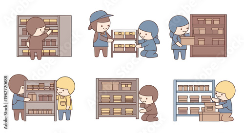 Flat vector illustration of warehouse workers organizing inventory on shelves. Logistics and storage concept.