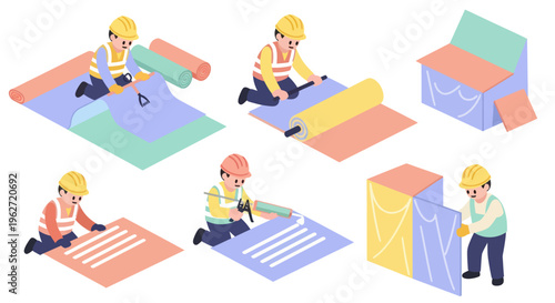 Isometric Flat Design: Construction Workers Installing Building Materials, Insulation, and Roofing