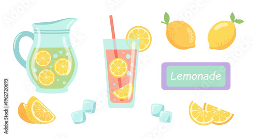 Flat Design Illustration Set: Fresh Lemonade with Lemons, Pitcher, Glass, and Ice Cubes
