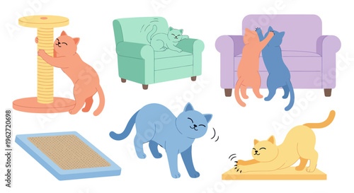 Flat Vector Illustration of Pet Cats Scratching and Playing with Cat Furniture and Accessories