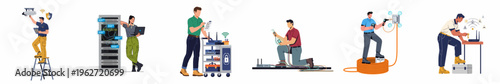 A Collection of Network Technicians and IT Engineers Working on Server Racks, Installing Routers, and Managing Complex Cabling Infrastructure in a Flat Illustration Style.
