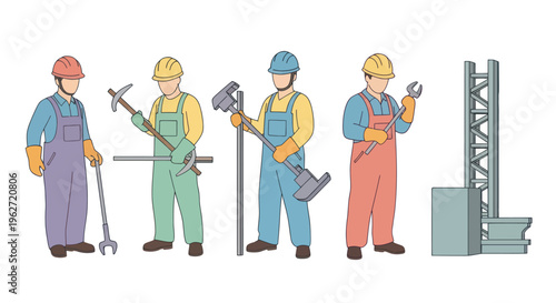 Construction Workers and Tools Flat Line Art Illustration Set