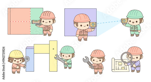 Cute Chibi Construction Engineers with Tools and Blueprints Flat Cartoon Illustration Set