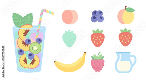 Flat Design Healthy Food  Drinks: Fruits, Smoothie, Milk  Fresh Ingredients Illustration