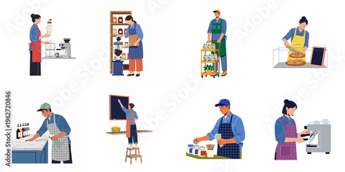 Set of flat vector illustrations depicting various coffee shop and bakery staff performing daily tasks like brewing coffee, cleaning, and serving.