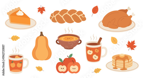 Delicious Autumn Thanksgiving Food and Drink Flat Vector Illustration Set