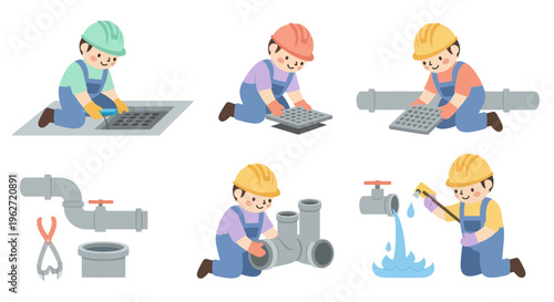 Flat Cartoon Plumbing Technicians Working with Pipes and Drains