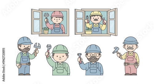 Flat Cartoon Construction and Repair Workers with Hand Tools Vector Illustration