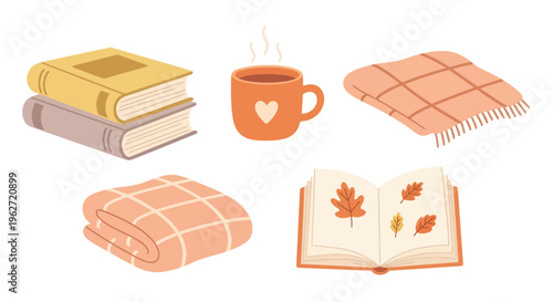 Flat Vector Autumn Lifestyle Collection: Cozy Books, Warm Mug, and Plaid Blankets for Fall Comfort