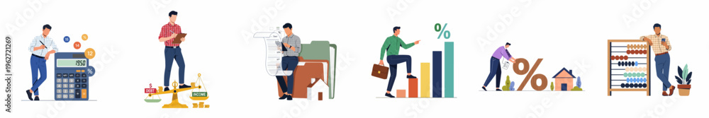 Obraz premium Collection of flat vector illustrations depicting business professionals managing personal and corporate finances, debt, growth, accounting, and real estate investments.