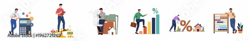 Collection of flat vector illustrations depicting business professionals managing personal and corporate finances, debt, growth, accounting, and real estate investments.