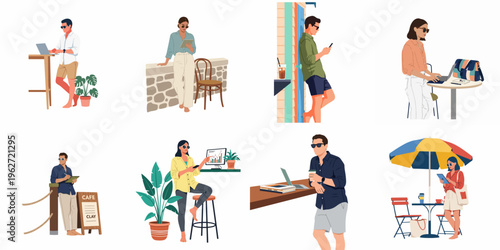 Set of flat vector illustrations featuring people working as digital nomads in cafes, outdoors, and while traveling, using modern technology.
