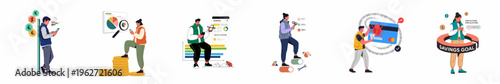 Set of flat illustrations depicting people managing personal finances, savings, and digital banking security through mobile applications and data analysis.